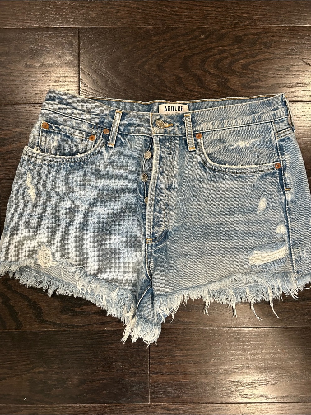 Agolde light blue frayed high-rise denim shorts